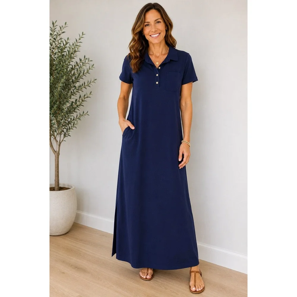 Tory Burch Navy Blue Polo Maxi Dress XXL Gold Logo Buttons Pockets Side Slits